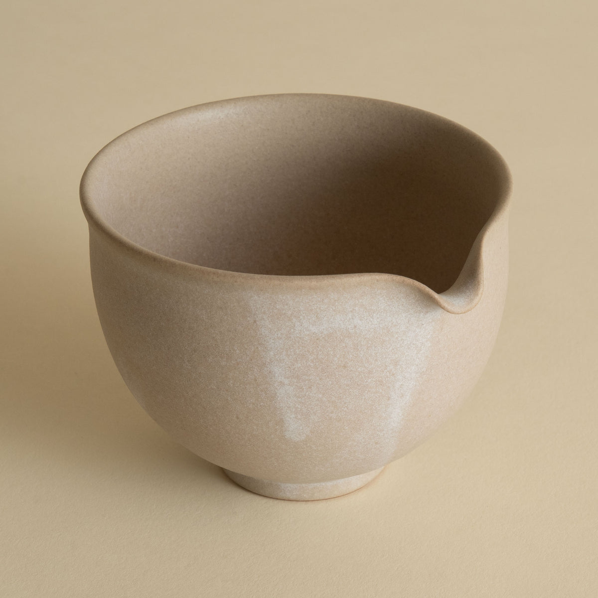 Handmade katakuchi matcha bowl with pouring spout in stone beige