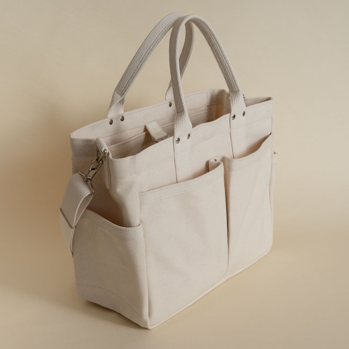 Threadline cotton canvas tool tote with shoulder strap in white