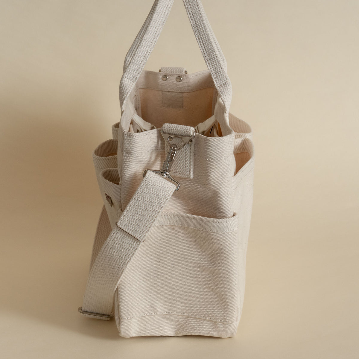 Threadline cotton canvas tool tote with shoulder strap in white